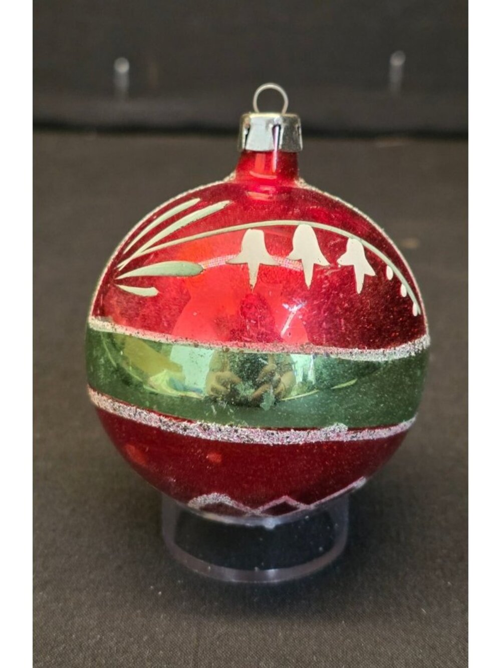 Vintage MCM Hand Painted Mercury Glass Red Green Mica Poland Christmas Ornament